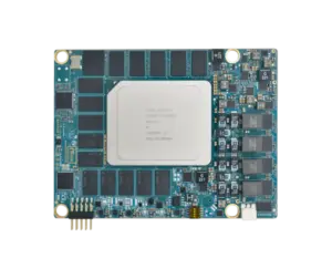 Top view of Agilex™ 7 (R31A/R31B/R31C) SoC FPGA System on Module showing high-speed connectors, memory components, and compact BRYN+ form factor design