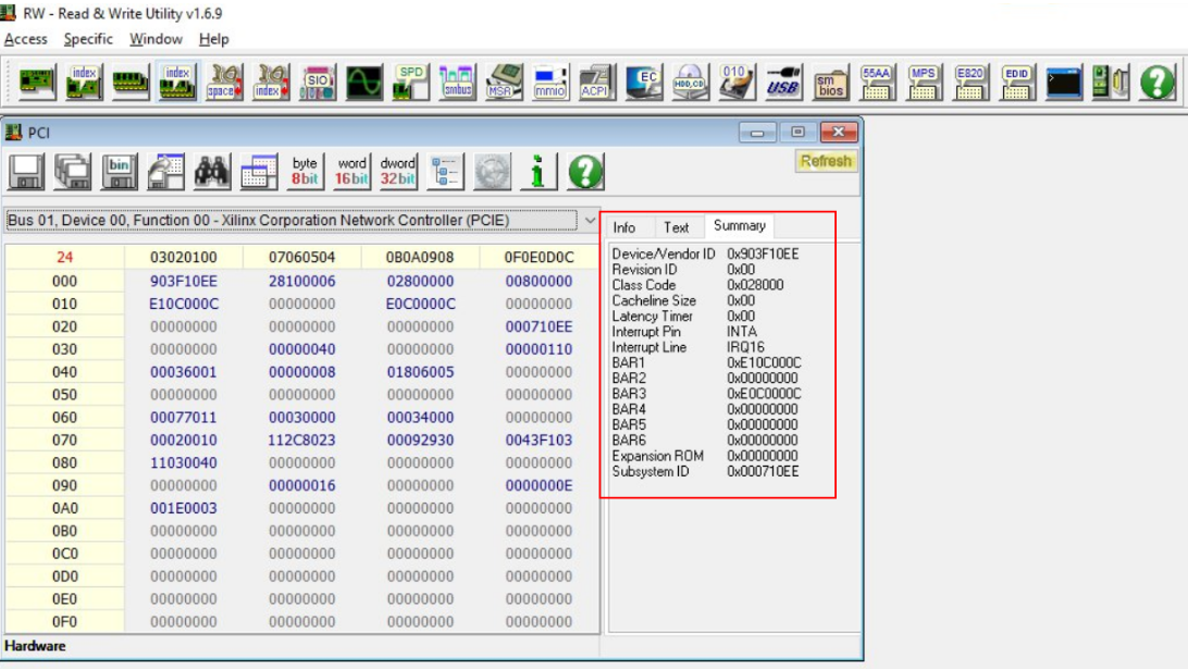 RWEverything snapshot showing register access of iW-Fibre SmartNIC